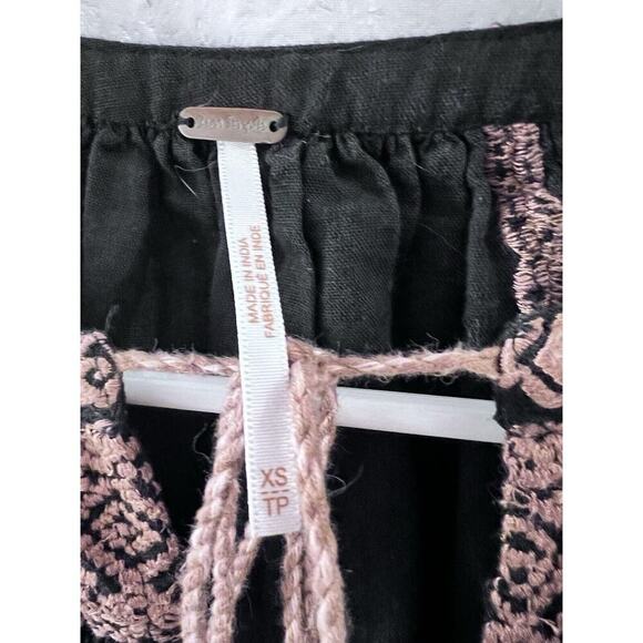 Free People Black Brown Embroidered Peasant Top Oversized Linen Blend Xs Boho - Picture 5 of 8